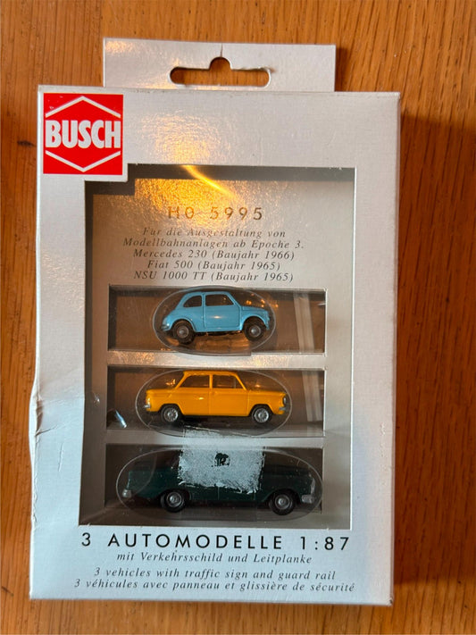 Busch HO 5995 3 x 1960's Cars Mercedes 230, Fiat 500, NSU 1000TT